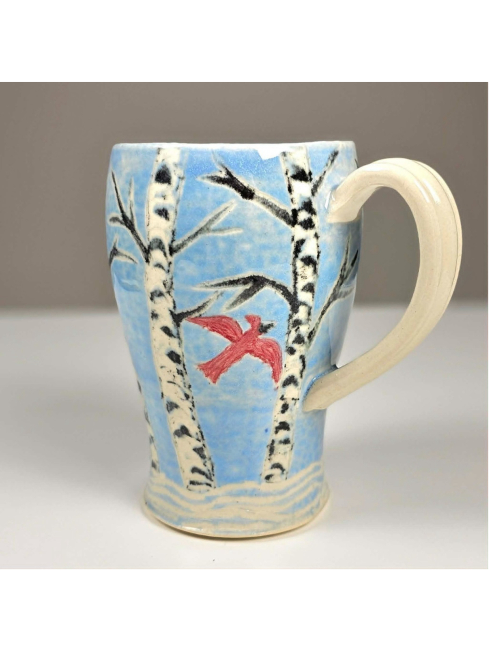 Mindy Sisk Handmade Pottery Mug Birch Trees Red Cardinal Winter Ceramic Cup 5"